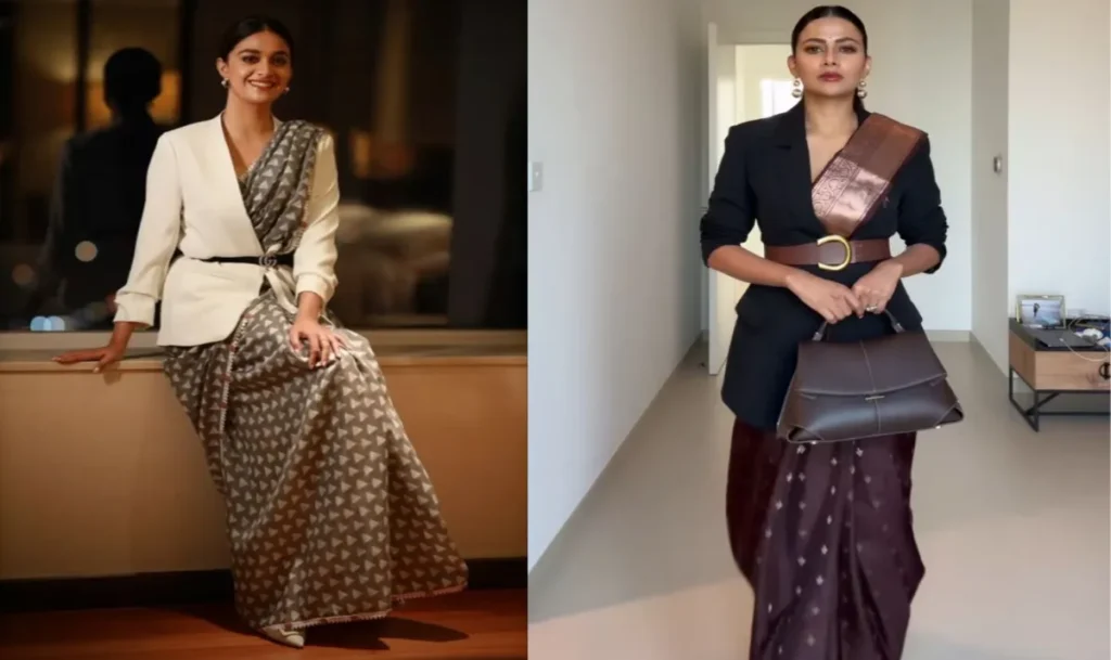 ब्लेज़र के साथ साड़ी